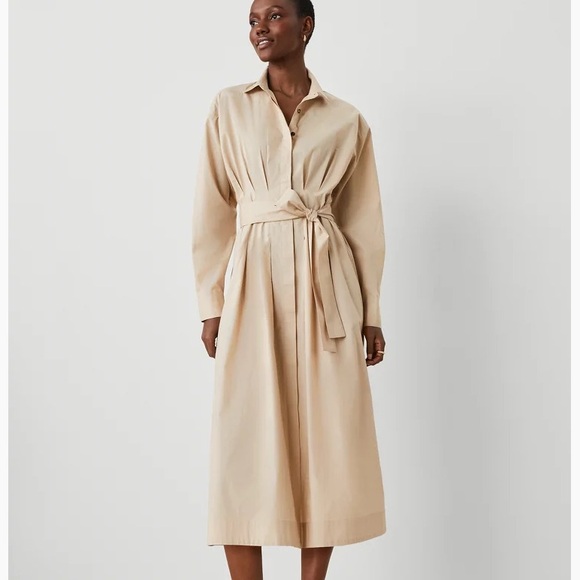 ANN TAYLOR Pleated Classic Midi Shirtdress Cream Tan Toasted Oat Size 12 Petite - Picture 1 of 8